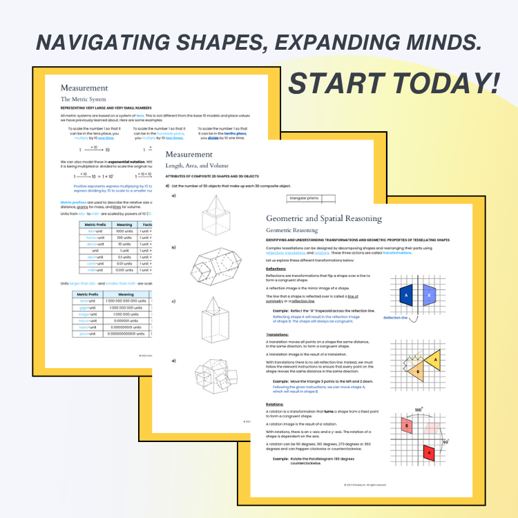 Educational materials on geometric shapes and measurement with text 'Navigating Shapes, Expanding Minds. Start Today!'