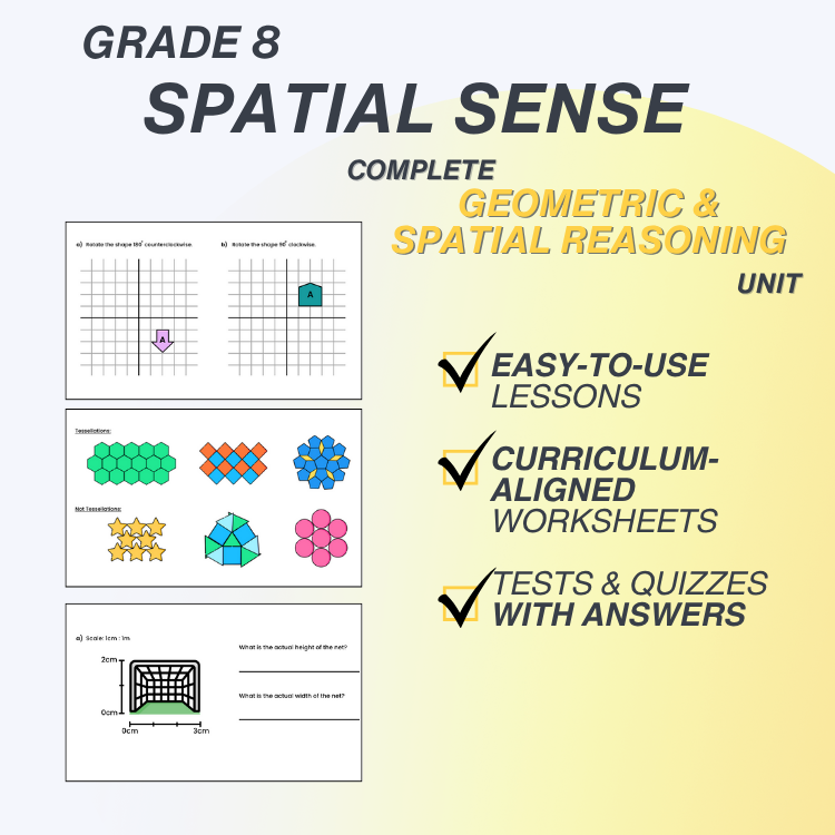 Grade 8 Spatial Sense educational material with geometric shapes and text on a gradient background