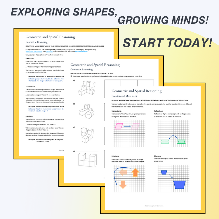 Educational materials on geometric and spatial reasoning with text 'Exploring Shapes, Growing Minds! Start Today!'