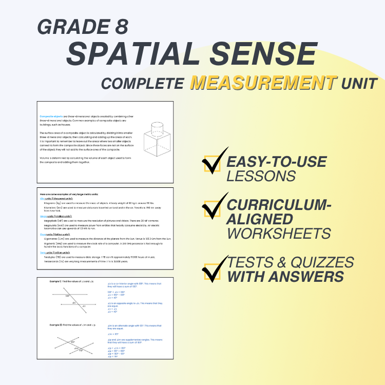 Grade 8 Spatial Sense Complete Measurement Unit with checkmarks indicating features like easy-to-use lessons, curriculum-aligned worksheets, and tests & quizzes with answers.
