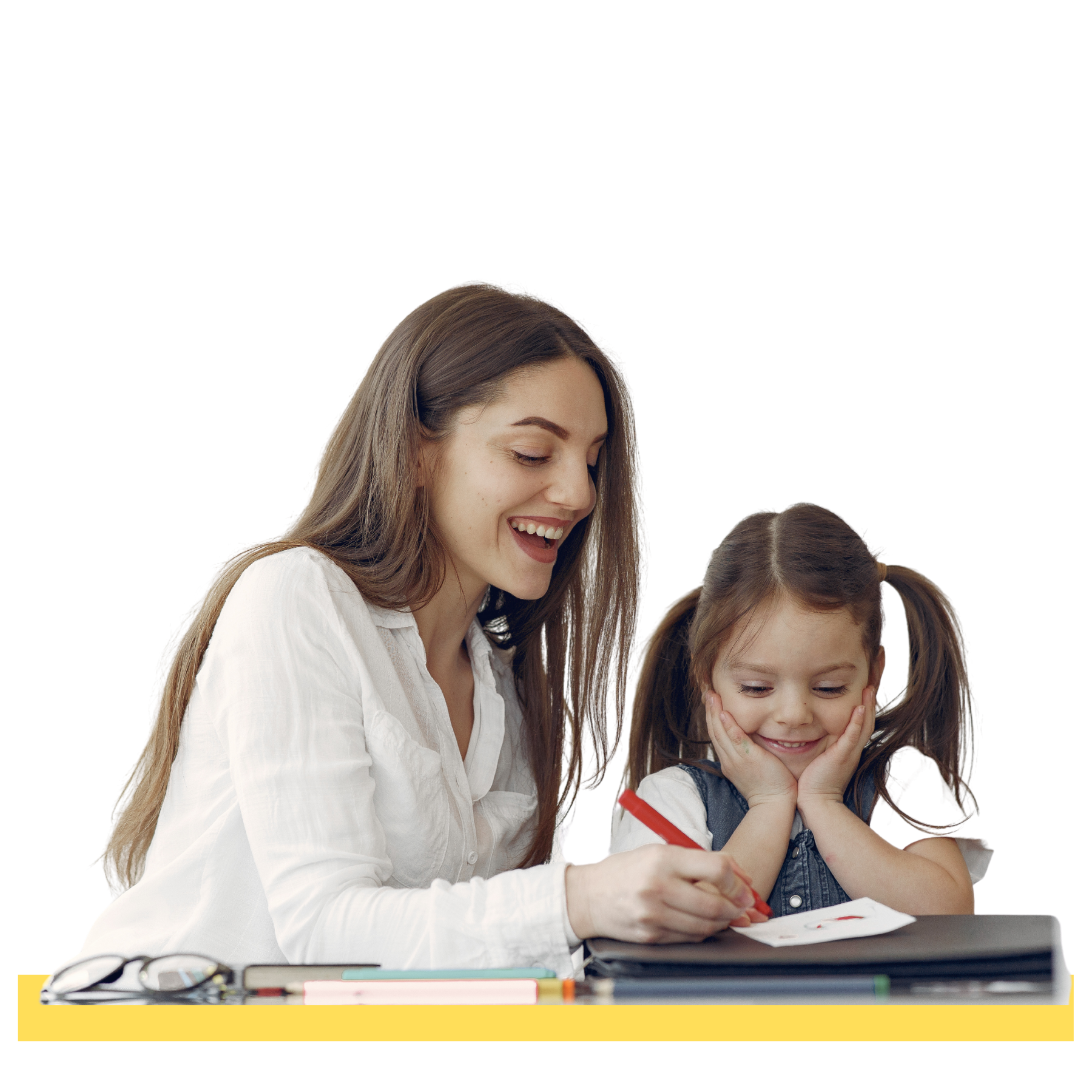 Woman and young girl sitting at a table with a white background